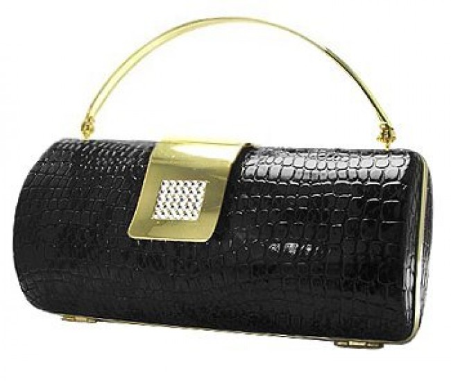 Evening Bag - Snake Skin Embossed Clutch w/  Swarovski Crystal Accent Closure - Black - BG-HPR377B